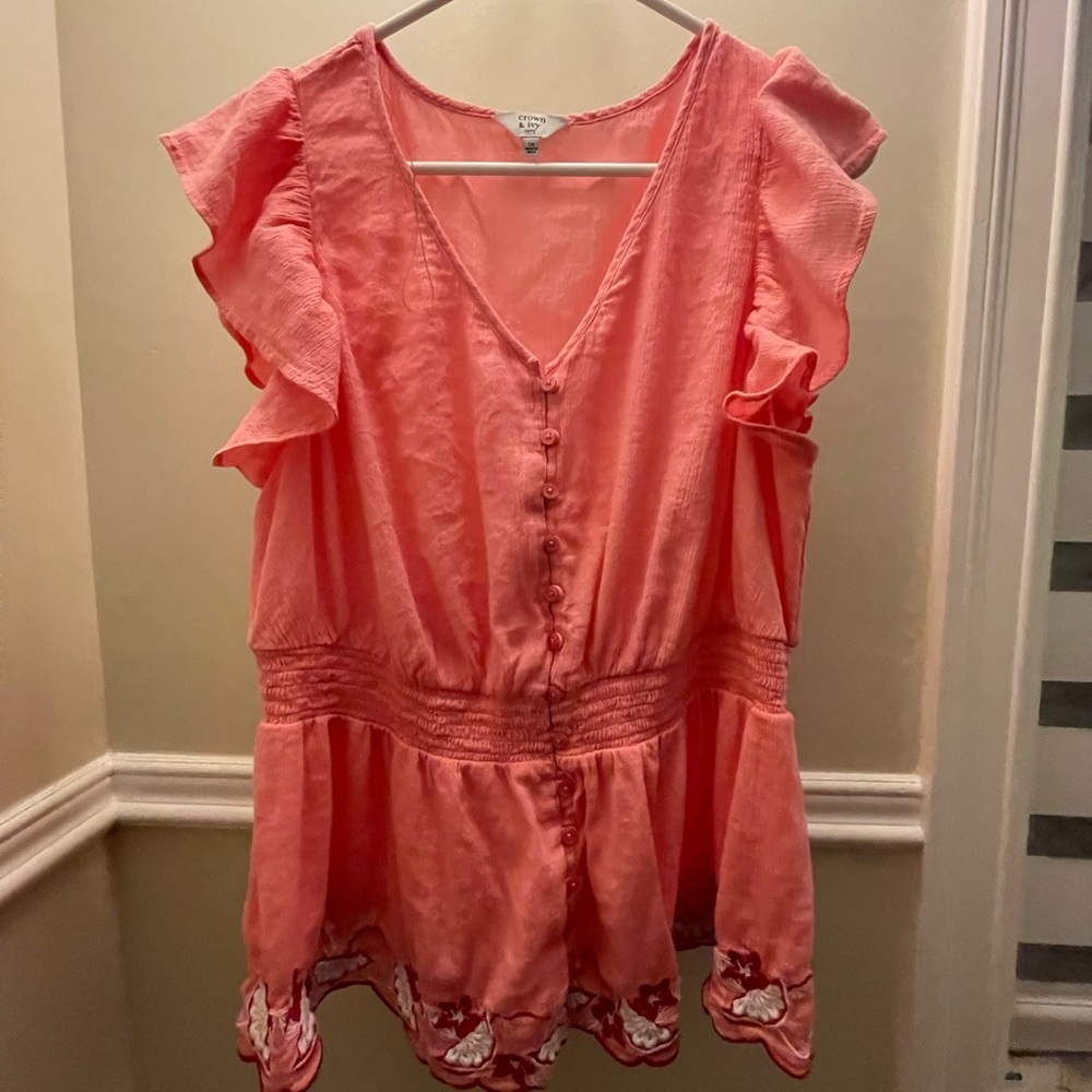 Crown & Ivy Coral Ruffled Blouse